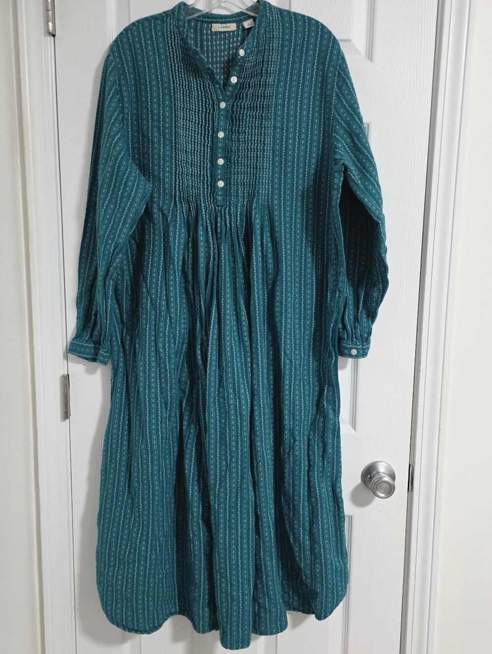 LL Bean Womens Large Petite Dobby Nightgown Teal/White 100% Cotton Granny